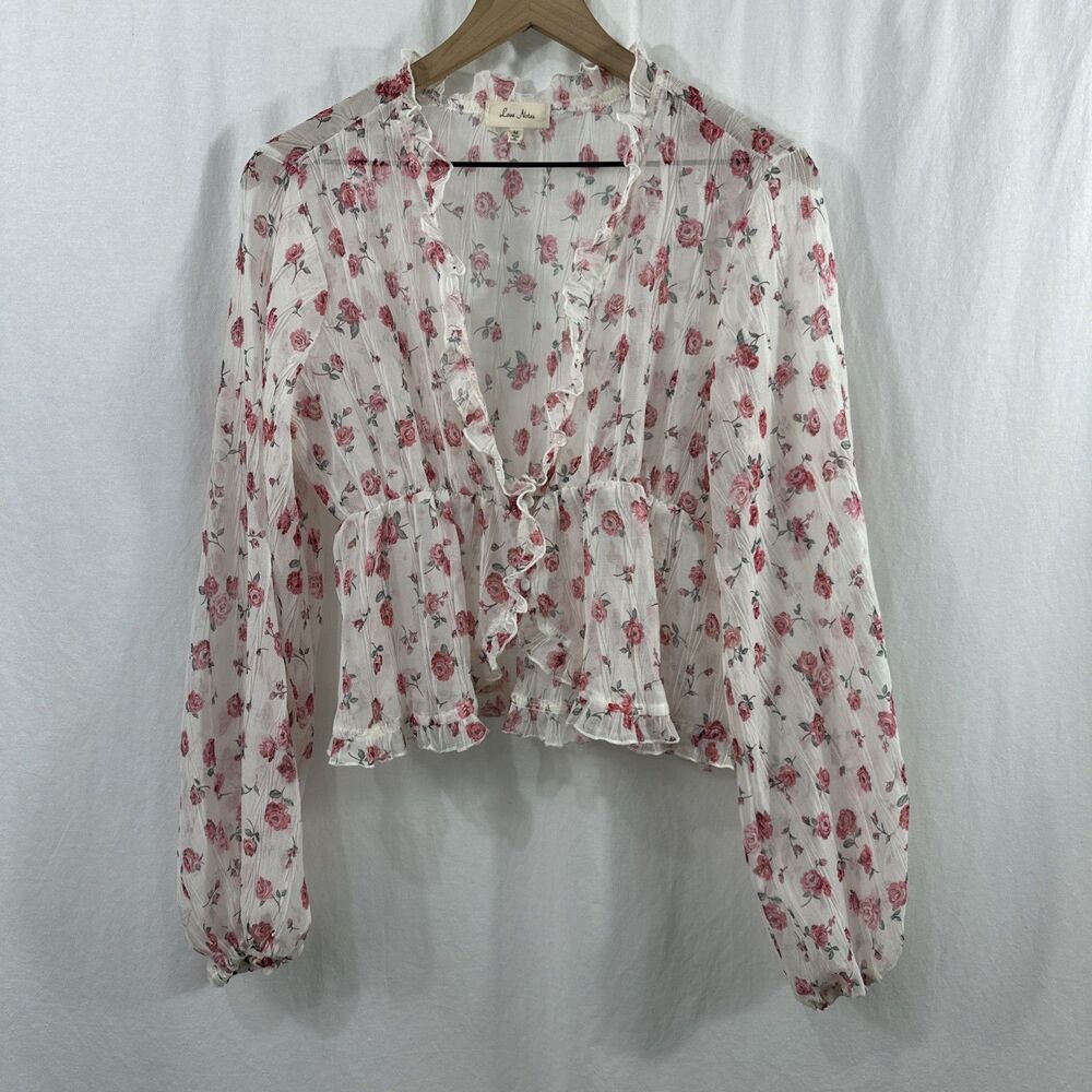 Love Notes Sheer Floral Romantic Button Front Ruffle Top Womens Size M Coquette